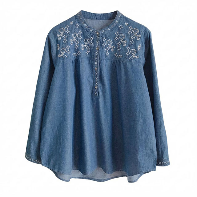 Women Spring Loose Fit Embroidery Cotton Denim Long Sleeve Shirt