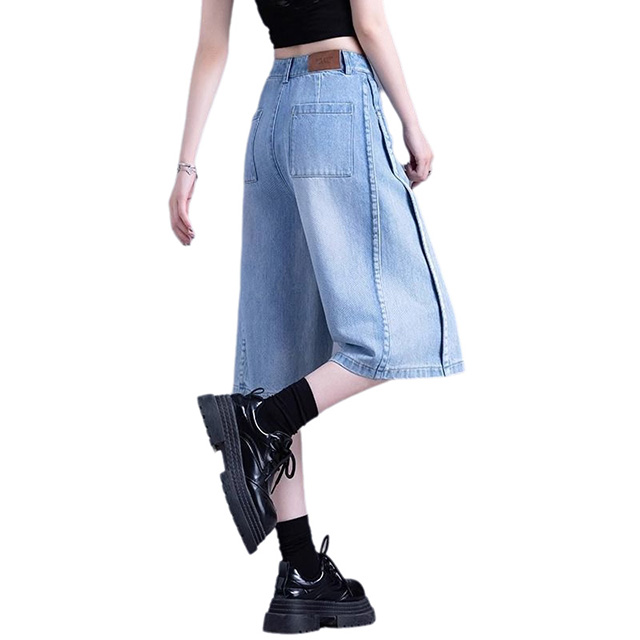 Women Retro High Waist Loose Fit Mid-Length Denim Shorts