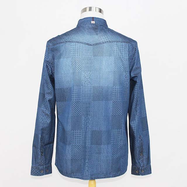 Men's Custom Print Blue Washed Long Sleeve Denim Shirt