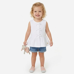 White Cotton Baby Girl Blouse Sleeveless Summer Shirt with Bows