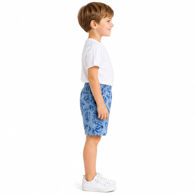 Summer Boys Loose Fit Elastic Waistband Blue Printed Cotton Shorts