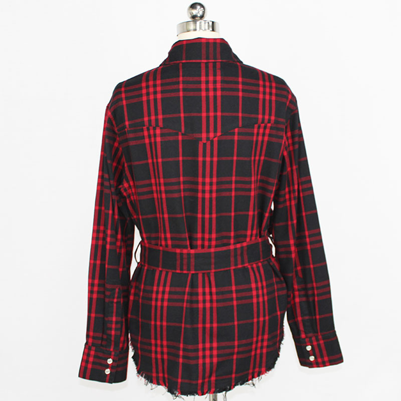 Women's Fashion Button Flannel Long Sleeve Fringed Plaid Shirt with Belt