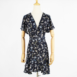 Ladies Summer Black Chiffon Custom V-Neck Flounce Short Sleeve Fashion Floral Dress