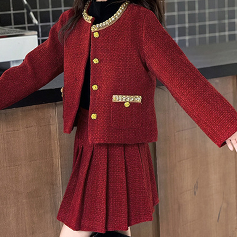 Girls Christmas Red Holiday Suit Elastic Waist Fashion Princess Thick Pleat Skirt