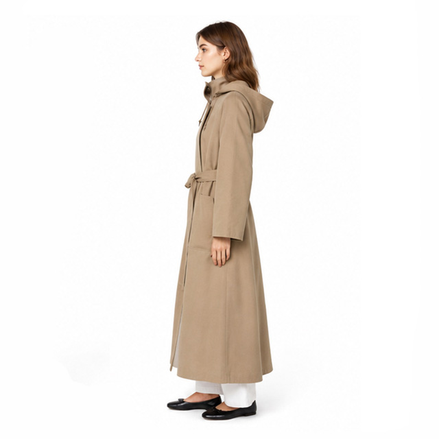 Ladies Hooded Fashion Minimalist Lace-up Khaki Long Trench Coat