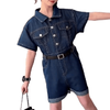 Girls' Summer Short Sleeve Wide-Leg Rolled Hem Shorts Denim Jumpsuit