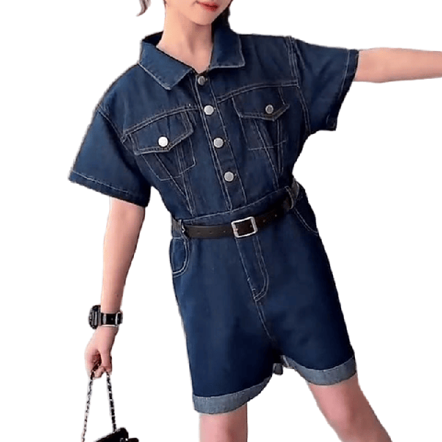 Girls' Summer Short Sleeve Wide-Leg Rolled Hem Shorts Denim Jumpsuit
