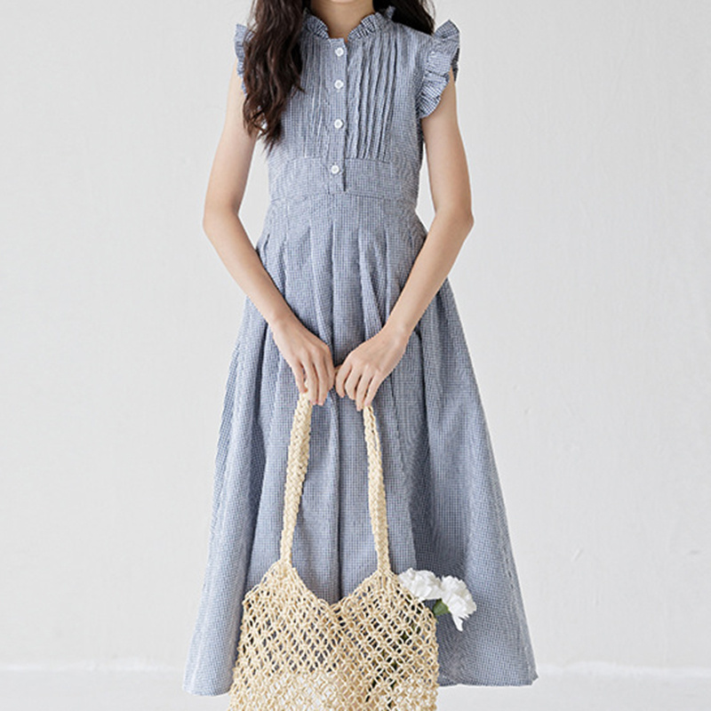 Girls Summer Plaid Ruffle Sleeveless Sweet Princess Kids Pleated Dress