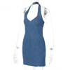 Ladies Sleeveless V-Neck Sexy Girdling Openwork Bodycon Denim Party Dress