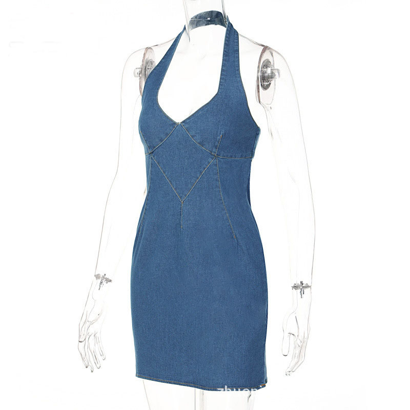 Ladies Sleeveless V-Neck Sexy Girdling Openwork Bodycon Denim Party Dress