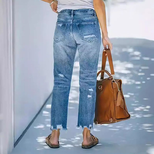 Women's Summer Casual Ripped Cropped Light Blue Denim Jeans