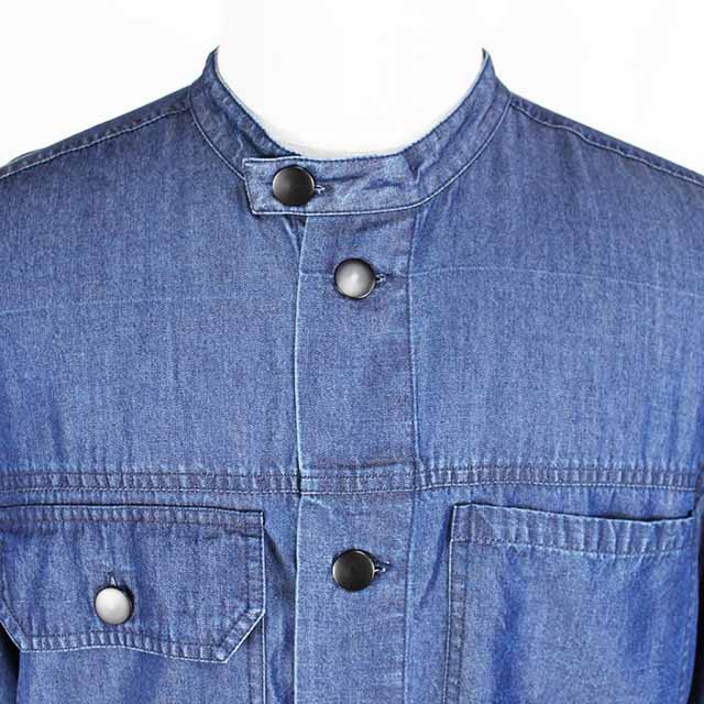Men's Stand Collar Cotton Denim Solid Color Long Sleeve Cargo Shirt