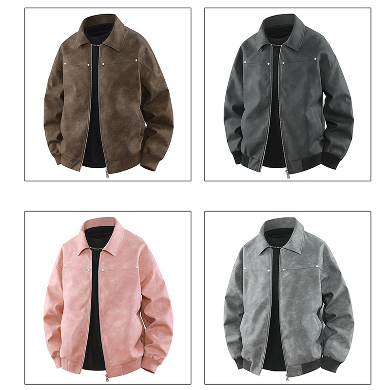 Men's High-Quality Fashion Retro Spring/Autumn Style Lapel Leather Texture Casual Zipper Jacket