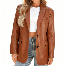 Women's Brown PU Leather Fashion Plus Size Loose Fit Blazer Suit