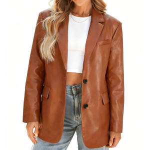 Women's Brown PU Leather Fashion Plus Size Loose Fit Blazer Suit