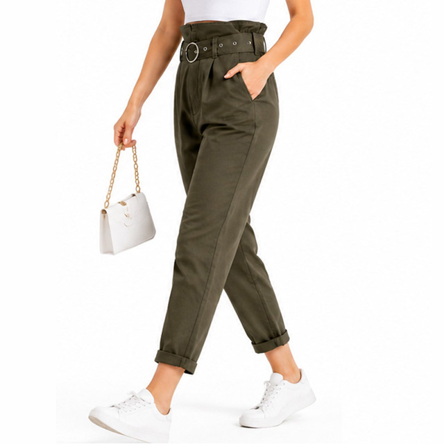 Women's Cotton Ruffle High Rise Cropped Harem Pants with Belt