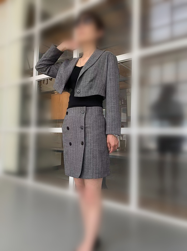 Fashion Grey Striped Double Breasted Button Suit Jacket Cropped Blazer with Skirt Set