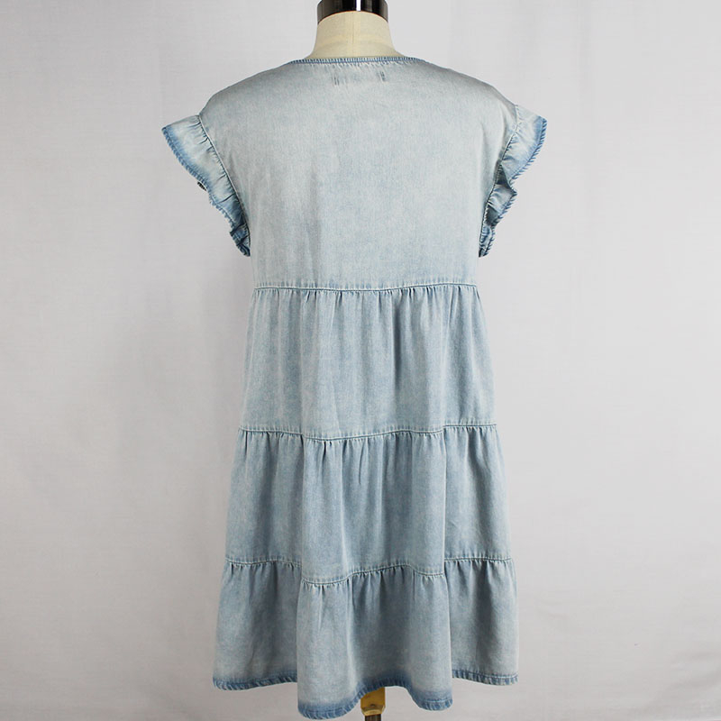 OEM Denim Sweet Heart Neckline Jean Denim Dress Jeans Skirt Ladies Fashion Tiered Flounce Dress