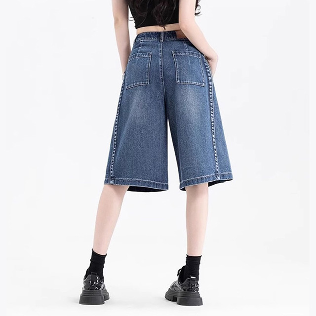 Women Summer High Waist Wide-Leg Denim Bermuda Shorts