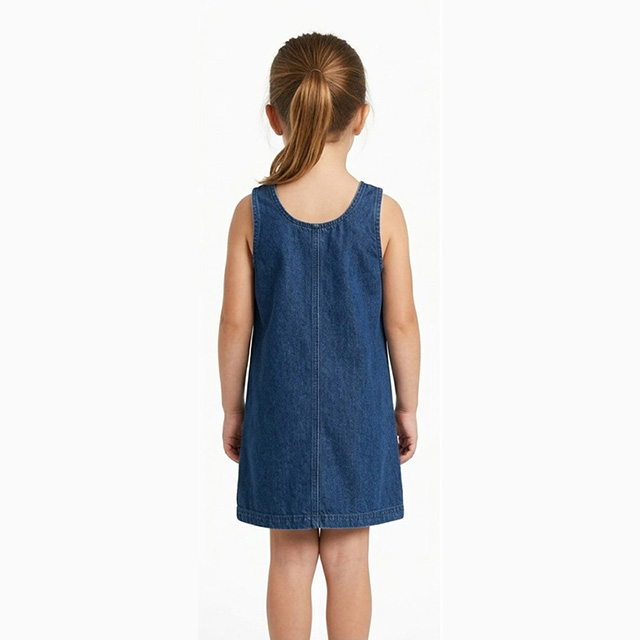 Girls Sleeveless Round Neck Embroidered Straight Denim Dress