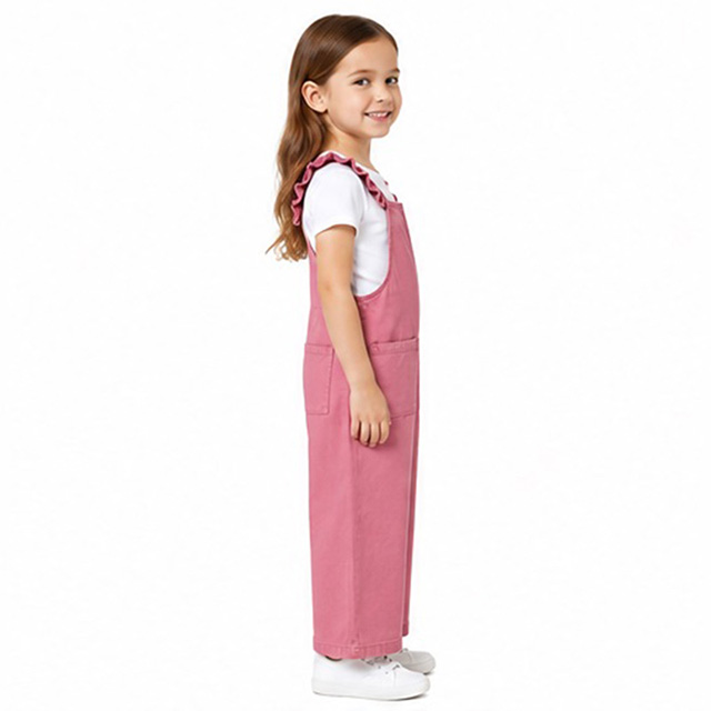 Girls Pink Cotton Ruffle Strap Wide Leg Casual Overalls