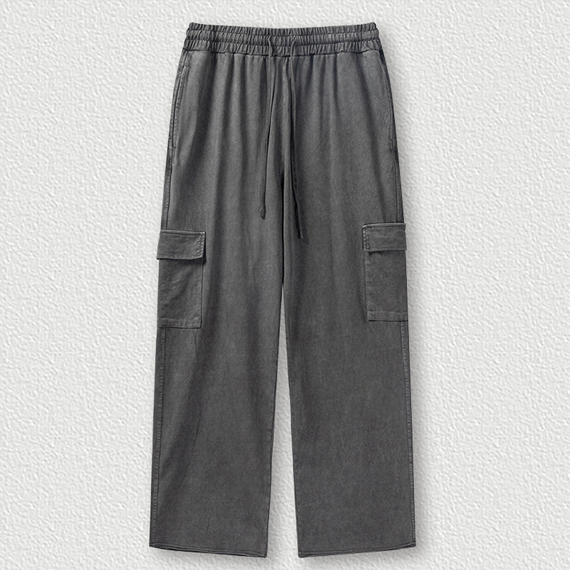 Men's Knit 5 Pockets Elastic Waist Loose Baggy Cotton Cargo Pants with Drawstring