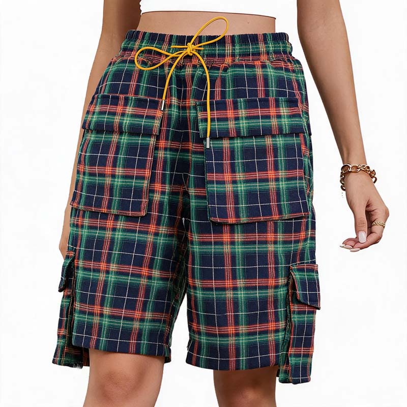 Women's Plaid Elastic Waist Multi-Pocket Bermuda Cargo Shorts