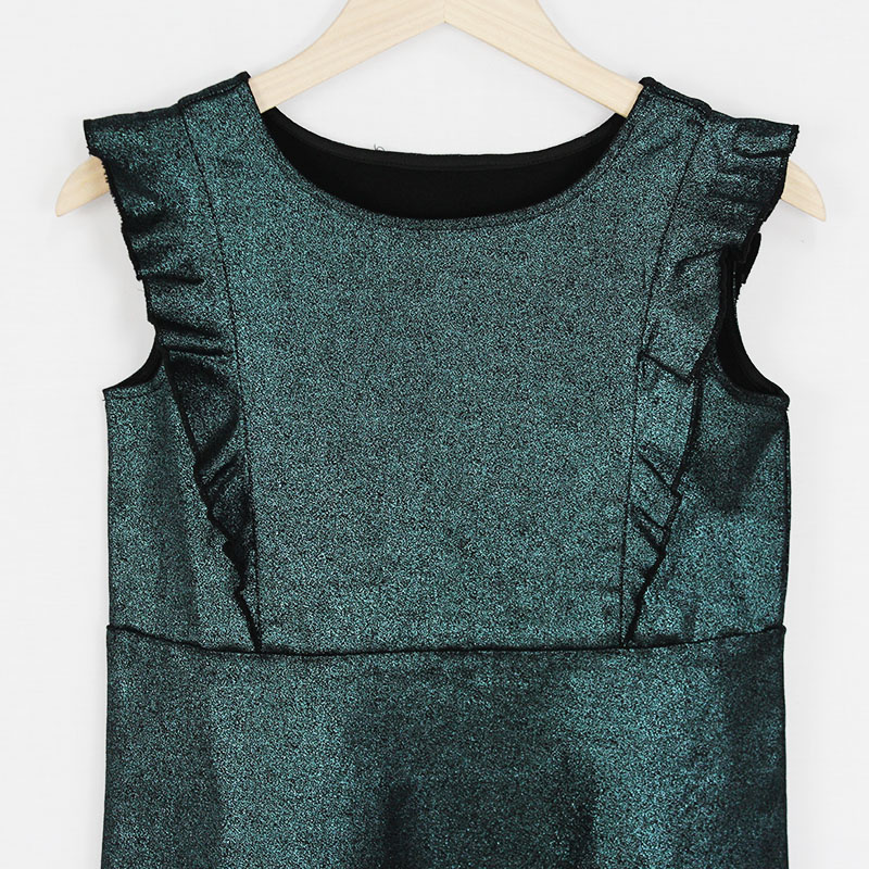 Girls Round Neck Metallic Shinning Ruffle Sleeveless A-Line Party Dress