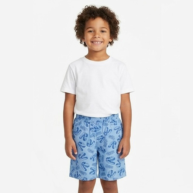 Summer Boys Loose Fit Elastic Waistband Blue Printed Cotton Shorts