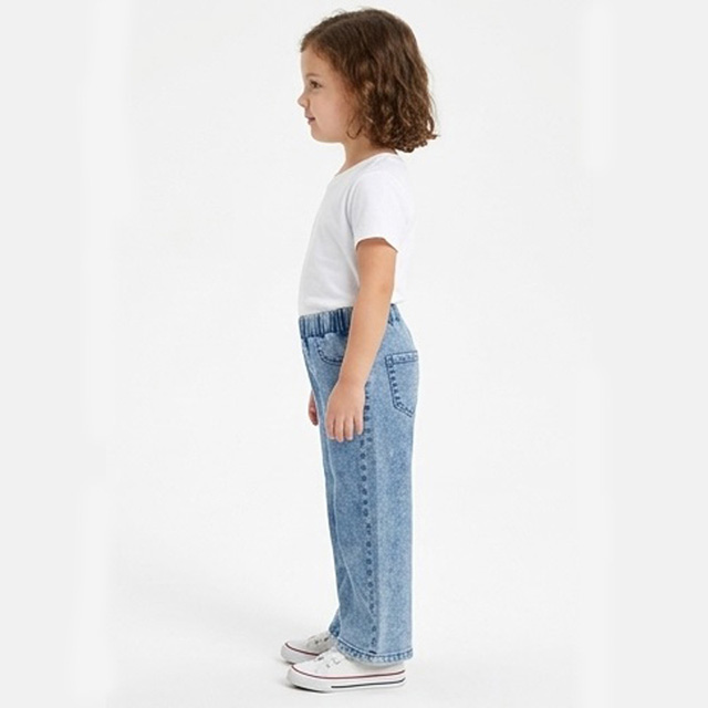 Girls Wash Blue Straight Wide Leg Elastic Waist Denim Jeans