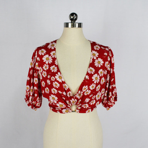 Women's Summer Floral Print V-Neck Short Sleeve Cropped Top Shirt