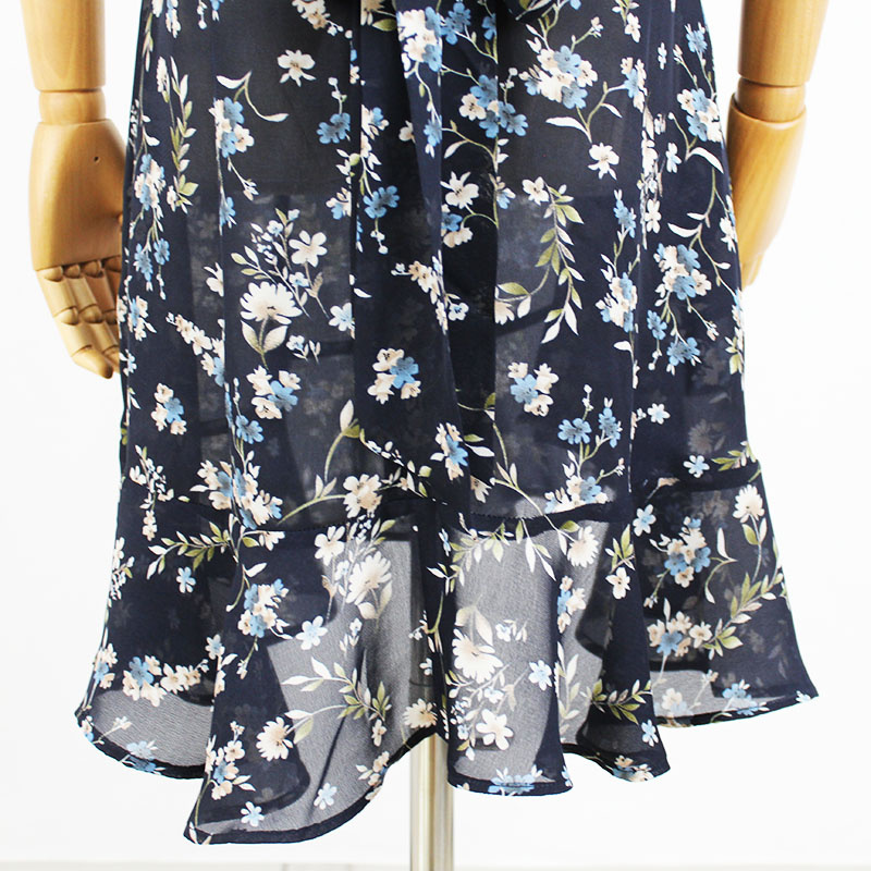 Ladies Summer Black Chiffon Custom V-Neck Flounce Short Sleeve Fashion Floral Dress