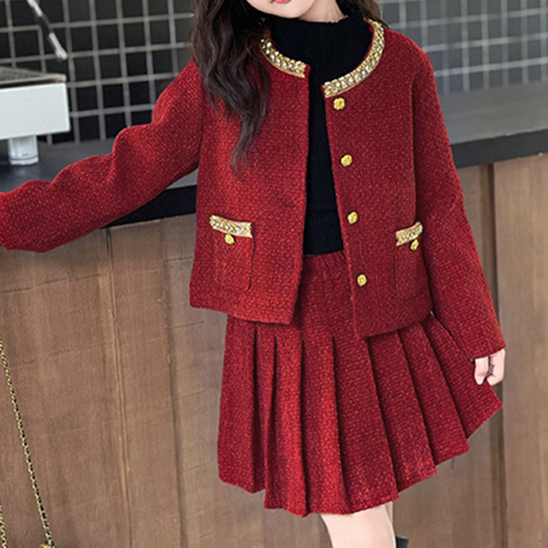 Girls Christmas Red Holiday Suit Elastic Waist Fashion Princess Thick Pleat Skirt