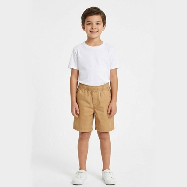 Boys Summer Elastic Waistband Cotton Twill Khaki Chino Shorts