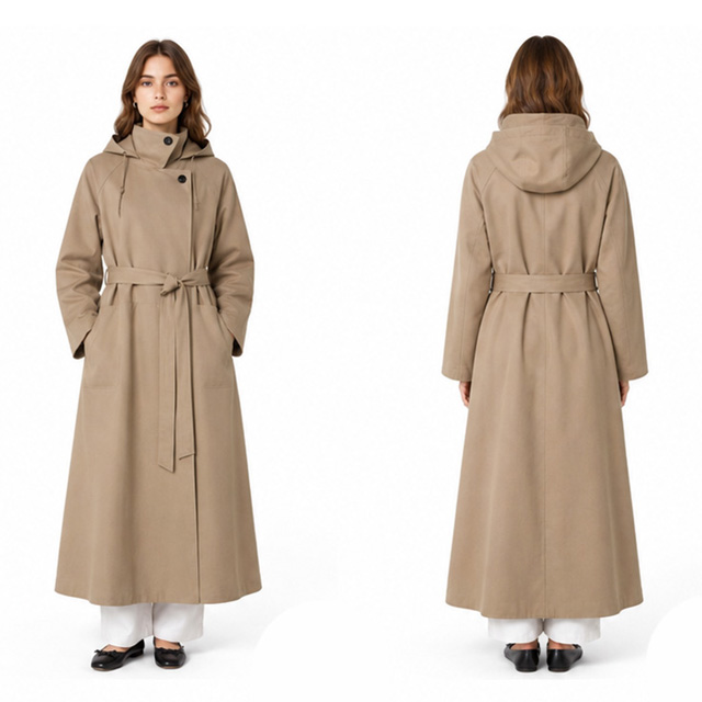 Ladies Hooded Fashion Minimalist Lace-up Khaki Long Trench Coat
