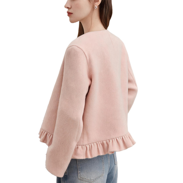 Women's 100% Double Face Cashmere Ruffle Hem Short Jacket