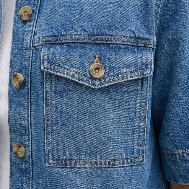 Women's Short Sleeve Button Front Cropped Cocoon Jean Shacket