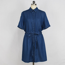 Women's Cotton Denim Light Weight Hidden Button Washed Short Sleeve Shirt Dress