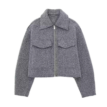 Women Custom Solid Color Woolen Lined Warm Lapel Zipper Short Jacket