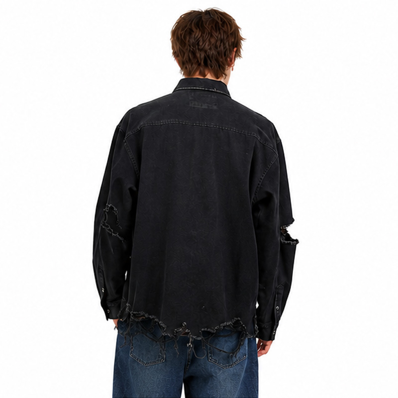 Men's Fashion Cotton Washed Denim Ripped Long Sleeve Shirt