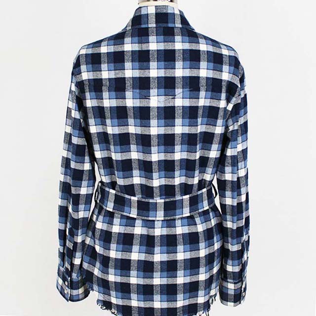 Women's Flannel Long Sleeve Fringed Plaid Shirt with Belt