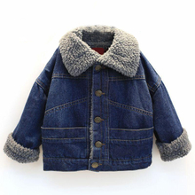 Children Winter Windproof Washed Denim Coat Warm Jeans Jacket with Sherpa Lining