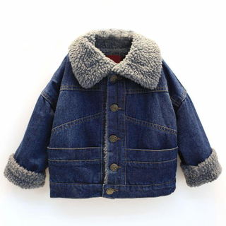 Children Winter Windproof Washed Denim Coat Warm Jeans Jacket with Sherpa Lining