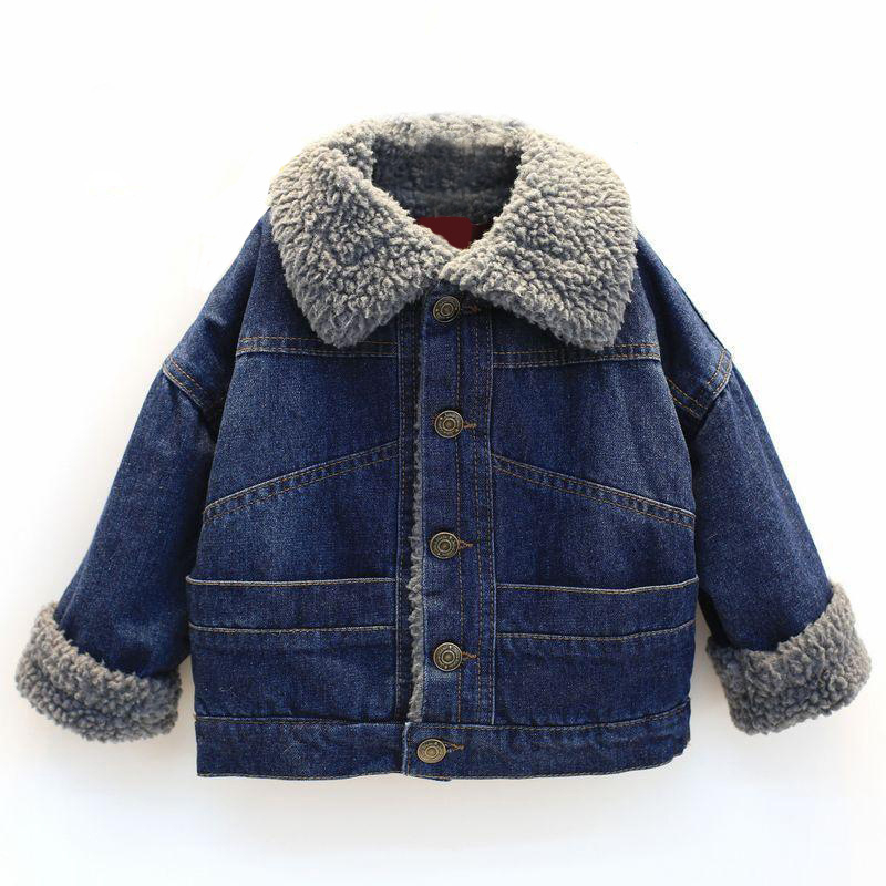 Children Winter Windproof Washed Denim Coat Warm Jeans Jacket with Sherpa Lining