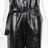 Women's Black PU Leather Button Front Short Sleeve Lapel Jumpsuit