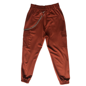Wholesale fashion rust red color cool cargo pants with chains for woman
