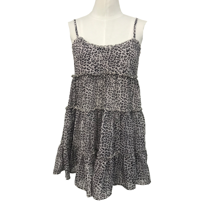 Fashion Women's Leopard Print Spaghetti Straps Ruffle Short Mini Lady Dress High Waist Pleated Swing Dress