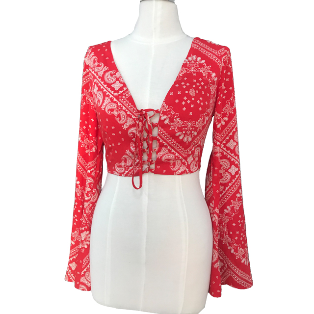 Paisley print red color belly button shirt