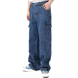 Men's Wholesale Denim Heavy Weight Loose Fit Straight Washed Cargo Baggy Jeans