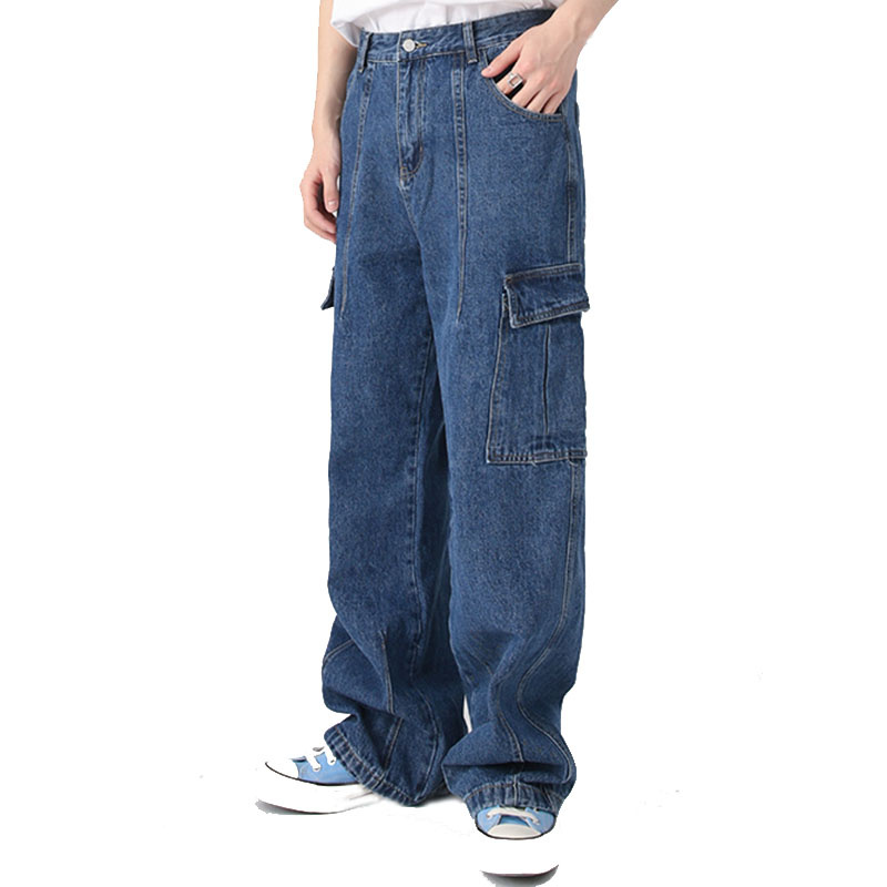 Men's Wholesale Denim Heavy Weight Loose Fit Straight Washed Cargo Baggy Jeans